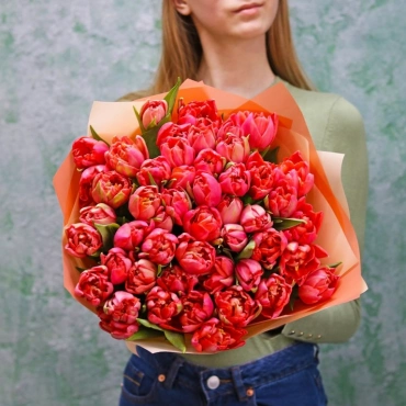 Алые махровые тюльпаны