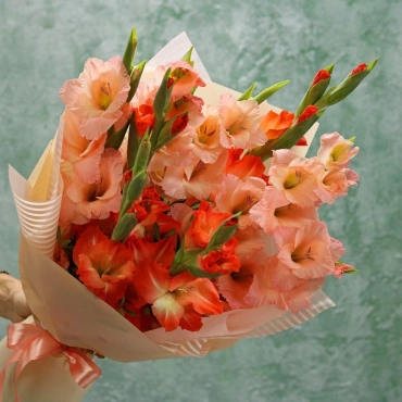 Букет коралловых гладиолусов