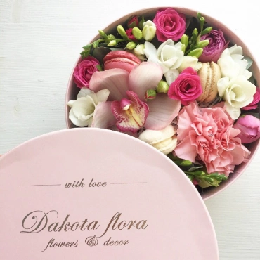 Круглая коробочка с цветами и пирожными