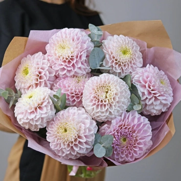 Нежные георгины с эвкалиптом