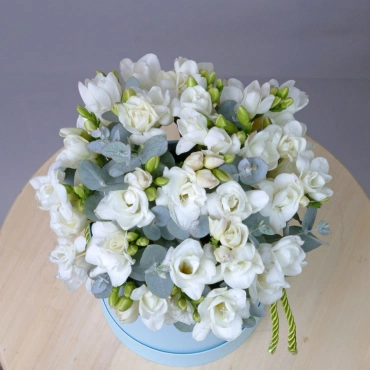 Фрезия с эвкалиптом в коробке