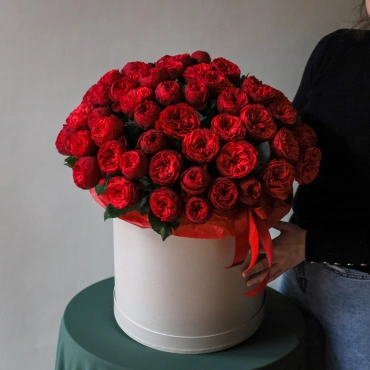 Красные пионовидные розы в коробке