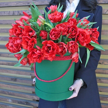 Красные махровые тюльпаны в коробке